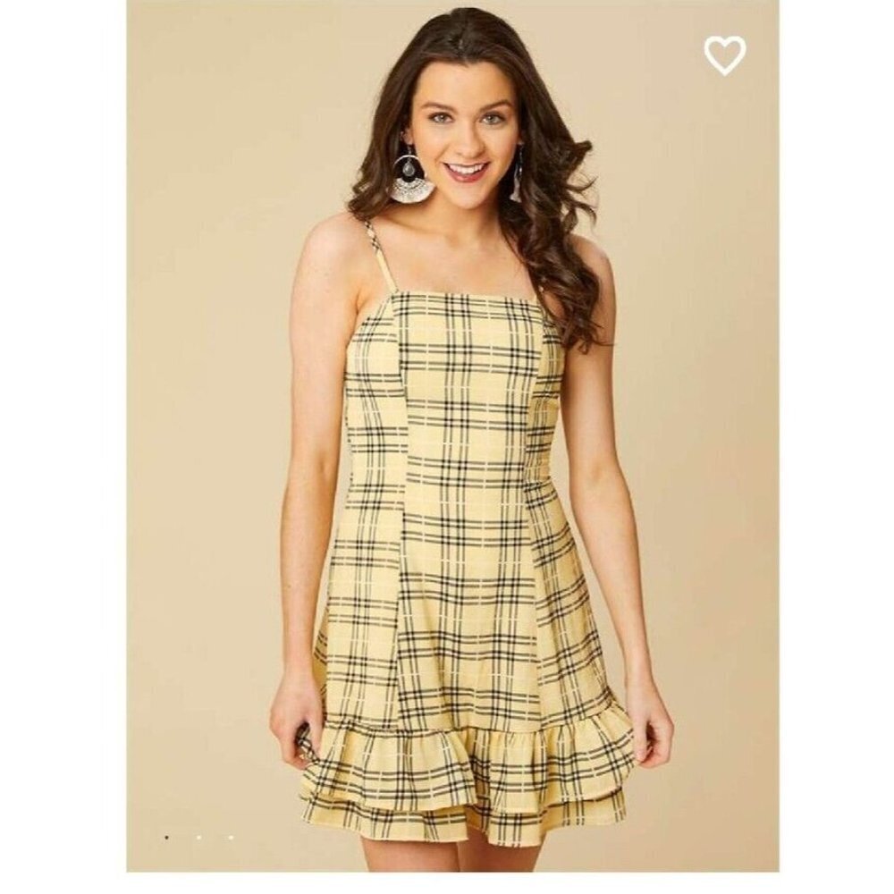 Altar'd State Topanga Dress Size XS Yellow Plaid Spagetti Straps Ruffle